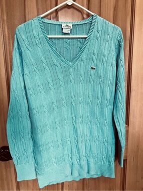 Lacoste Vintage Preppy Turquoise Cable Knit V-Neck Cotton Sweater Sz: 44/XL